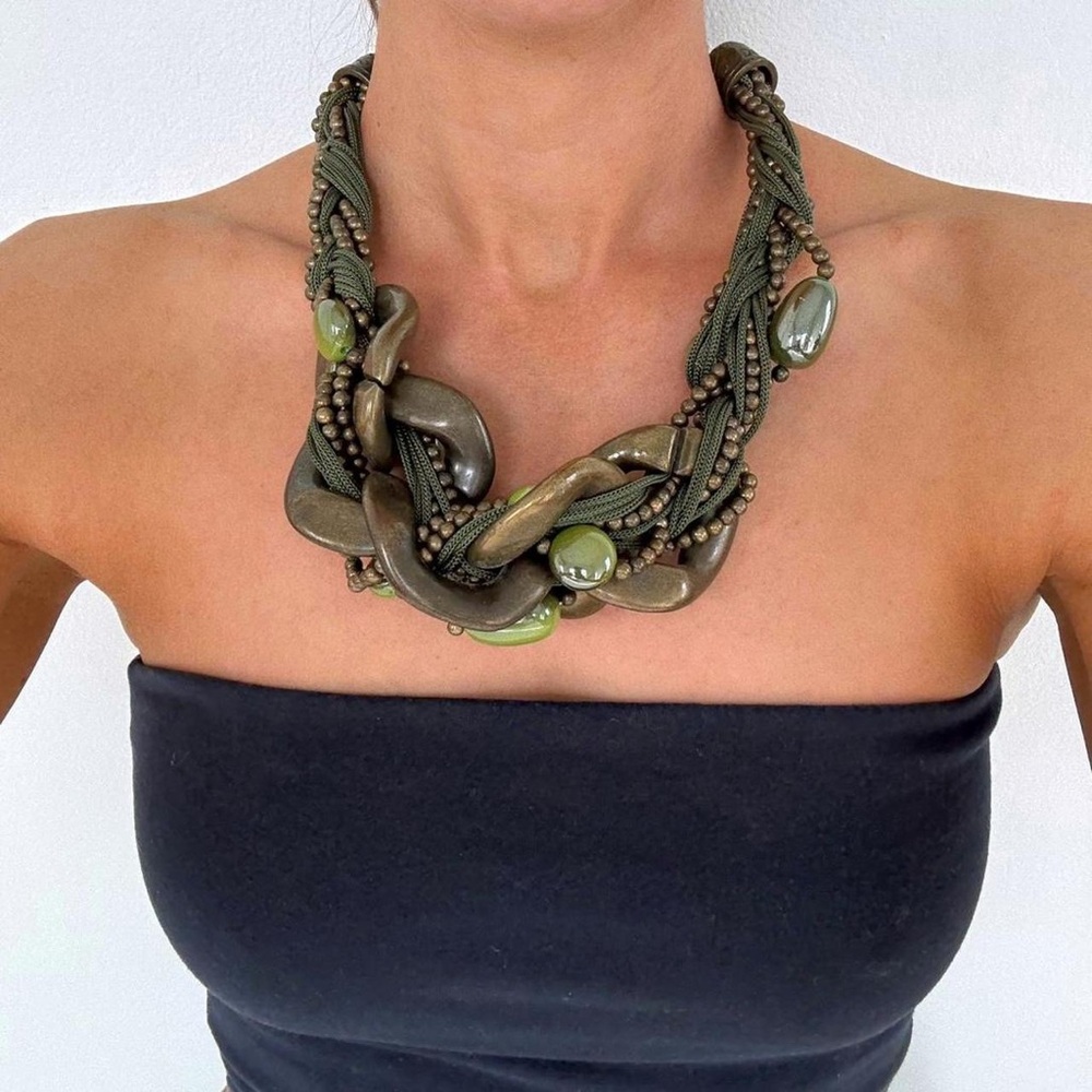 Chunky Green Chain Link Braided Statement Necklace